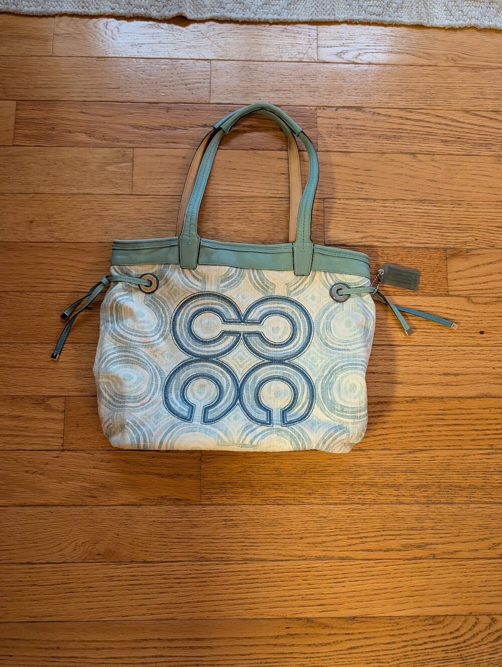 Vintage Y2K 2000s Coach Audrey Tote Op Art Swirl Jacquard Leather Pastel Blue